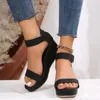 Sandálias Cunha Preta Mulheres Sapatos de Verão Plataforma Confortável Dedo Aberto Plus Size Casual