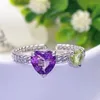 Cluster-Ringe, 925er Silber, Herz, natürlicher Amethyst, Peridot, echter Edelstein, doppelter offener Ring für Frauen, Geburtstag, Hochzeit, Geschenk, handgefertigter Schmuck