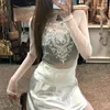 Women's T Shirts IAMTY Sexy Floral Graphic Mesh Top White Korean Style Slim-fitting Long Sleeve T-shirts See Through Tees All-seasons