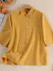 Women's Blouses Women Fashion Solid Cotton Shirt 2024 ZANZEA Casual Loose Tops Tunic Work Blusas Vintage Summer Lapel Neck 3/4 Sleeve Blouse