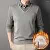 Men's Polos Autumn Winter Striped Button Flocking Patchwork Pullover Long Sleeve Sweater Knitted Casual Undershirt Office Lady Tops