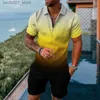 Herrspårar med solid färggradient tryckt herr sportkläder set sommar casual dragkött polo skjorta och shorts 2-stycken set trend mens dragkedja kläder q240228