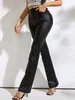 Women's Jeans 2023 Women Fashion Street High Waist Slant Pocket PU Leather Bootcut Leg Pants Female Casual Vocation Trousers