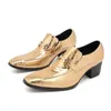 Robe chaussures luxe doré affaires en cuir véritable bout carré talons hauts sans lacet hommes formel mode fête/mariage