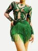 Stage Wear Sexy Nightclub Bar DJ Dancer Fringe Leotard Green Diamond Tassel Tight Bodysuit Latin Pole Dance Performance