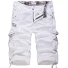 Shorts Masculinos Soltos Tamanho Grande Carga Algodão Tático Casual Cor Sólida Patchwork Militar Branco Na Altura Do Joelho