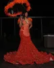 Elegant 2024 Orange Sequined Mermaid Prom Dresses With Crystal Beading Feathers Shoulder Brithday Part y Gowns For Black Girl