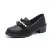 Casual Schoenen Lente Herfst Designer Parel Kralen Lederen Flats Vrouwen Dikke Hak Oxford Ronde Neus Loafers Ruffle Band Lolita