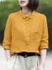 Women's Blouses Women Fashion Solid Cotton Shirt 2024 ZANZEA Casual Loose Tops Tunic Work Blusas Vintage Summer Lapel Neck 3/4 Sleeve Blouse