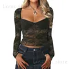 Women's T-Shirt hirigin Women Lace Long Sleeve Shirt Top Y2K Slim Fit Crop Top Sexy Lace Low Cut Top Tee Club Streetwear blusa mujer moda T240228