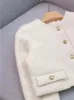 가을 겨울 프랑스의 우아한 양모 블렌드 재킷 여성 패션 금속 버튼 O- 넥 짧은 코트 숙녀 240228