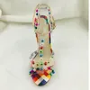 Sandals Multi-color Beaded Clear PVC T Strap High Heel Sexy Plaide Printed Leather Ankle Gladiator Heels Banquet Shoes