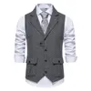 Cinza espinha de peixe tweed terno colete masculino marca vintage lapela lã mistura colete festa negócios gilet traje homme 240228