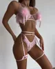 Conjuntos de sujetadores Ellolace Sexy Pluma Lencería Light Pink Ruffle Hollow Thongs Sissy Trajes eróticos Conjunto sin costuras Mujer 3 piezas Hada íntima