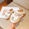 Girls' Flat Shoes Princess Shoes with Bowknot, Mesh, Soft Sole, Khaki Cut-Out Leather Shoes
