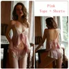 Women's Sleepwear MECHCITIZ Sexy Silk Pamas for Women Summer Pyjamas Female Nightgown Strap Tops Lace Lingerie Set with Satin Shorts