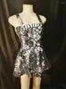 Stage Wear Nightclub Bar Performance Silver Laser speglar A-Line Short Dress Women Prom Birthday Celebration Sequins Costume