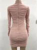 Casual Dresses Idress Women Clothing 2024 Ankomster Sexig långärmad rosa Mesh Ruched Cocktail Party Midi Bodycon Birthday Dress Vestidos