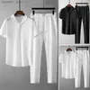 Men's Tracksuits 2 pieces/set for summer mens elastic waistband pleated casual short sleeved pants set clothing Q240229