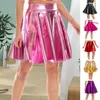 Skirts Smooth Faux Leather Women Big Hem Skirt A-line Pleated High Elastic Waist Short Mini Performance Stage Club