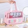 Prefabricated transparent travel makeup bag with Chenille letters STUFF patch large transparent makeup bag zippered bag with handle 240228