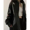 MEXZT Streetwear Pu Leather Jackets Women Oversized Embroidery Coat Harajuku Vintage Turn Down Collar Loose Casual Outwear Tops 240227