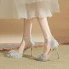 Scarpe eleganti a punta con strass e paillettes con fiocco Sandali da donna Matrimoni estivi da sposa per le donne Tacchi alti a spillo Fibbia Décolleté sexy