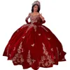 2024 Dark Red Velvet Quinceanera Dresses Off Shoulder Gold Lace Appliques Crystal Beads Flowers Ball Gown Flowers Guest Dress Evening Prom Gowns Corset Back