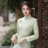 Etnik Giyim 2 Renk Bahar Geleneksel Çince Kadınlar için Kalın İyileştirme Kaşmir Lady Green Modern Cheongsam Gece Elbise
