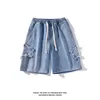 Shorts masculinos Retro celebridade patch denim azul shorts mens hip-hop shorts casuais high street oversized solto em linha reta cinco calças J240228