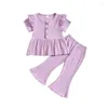 Kläduppsättningar Småbarn Baby Girl Summer Clothes Set Knit Rib Flying Sleeve Button A-Line Tops Fleared Pants Spädbarn 2 st.
