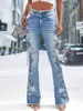 Jeans Femme Femmes grande taille jean mode taille haute Vintage drapeau imprimé pantalon Denim broderie florale bouton automne Flare jambe jean T240228