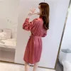 Mulheres sleepwear rosa doce laço arco quimono robe vestido terno senhora primavera verão íntimo homewear sexy com decote em v vestido de noite falso seda