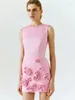 Casual Dresses Bevenccel 2024 Women's Pink 3D Flower Sexig ärmlös rund hals tät miniklänning Slim Fit Elegant Celebrity Party
