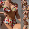 Maillots de bain pour femmes 2024 Maillot de bain fendu Fleur Imprimer Bikini Costume Manches à volants Deux pièces Ensemble