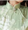 Vêtements ethniques Femmes élégantes Cheongsam Manches courtes Chinois Qipao Robe Col Mandarin Robe de soirée formelle avec perles Vintage