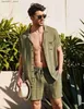 Men's Tracksuits Summer cotton linen shirt set mens casual outdoor 2-piece set and family clothing pajamas comfortable and breathable beach short sleeved set Q240228