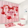 Duschvorhänge, Valentinstag-Vorhang-Set, rosa, rotes Herz, Ballon, Frau, Geschenk, Badezimmer-Dekor, Boden, rutschfester Teppich, Badematte, Toilettendeckelbezug