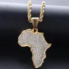 Hip Hop Mapas Africanos Broca Completa Pingente Colares Banhado A Ouro 14k Conjunto Auger Cristal Colar De Aço Inoxidável Mens Mulheres Jóias G314k