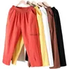 Jeans pour femmes Femmes Summer Casual Loose Harem Taille élastique Pantalon en lin de coton Neuvième pantalon