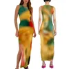 Robes décontractées Femmes Tie Dye Imprimer Robe longue Été Sans manches Tricot Stretch Maxi Femme Sexy Bodycon Cuisse Split Sundress Tenues