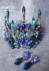 Himstory Amazing Brides Oversize Blue Baroque Royal Crown Headpiece Retro Green Rhinestone Tiara Hairbands Wedding Hair Jewelry S99394900