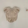 Jassen pasgeboren baby meisje retro effen uitgehold pofmouwen jumpsuit zoete eenvoudige losse katoenen bodysuit jongen jongen veterhoed