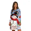 Casual Dresses Christmas Deer Women Dress Fashion Cute Long Sleeve A-Line Winter Overdized 3D Tree Snowflake Mini