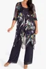 Womens Plus Size Matching Set Mother Of The Bride Black Chiffon Floral Print Irregular Hem Casual Summer Three Piece Pant Suit 240220