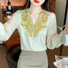 Women's Blouses Early Autumn Long Sleeve Chiffon Shirt for Women 2024 High-grade Temperament V-neck Hine Embroidery and Top Blusa