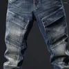 Men's Jeans Stitching Zipper Motorcycle Street Fashion Tight Feet Three-Dimensional Handsome Menswear Trousers