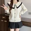 女性用セーターかわいい人形襟単色プルーバーシンプルシングル胸の女性2024春のニットウェア韓国語バージョンデザインセンスセーター