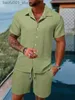 Męskie dresy męskie MENS 2PCS Set Summer 3D Printing Casual Solid Color Stripe Zestaw Button Button Street Clothing Holiday Dwuczęściowy zestaw Q240228