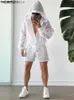 Men's Tracksuits Mens Mesh Set Transparent Street Wear Holiday Hooded Long sleeved Zipper Coat and Shorts 2PCS Mens Casual Set Q240228